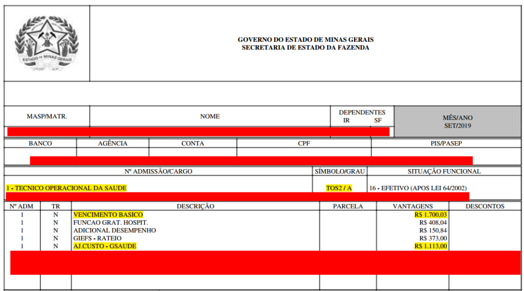 Contracheque TOS - Tecnico Operacional da Saude FHEMIG